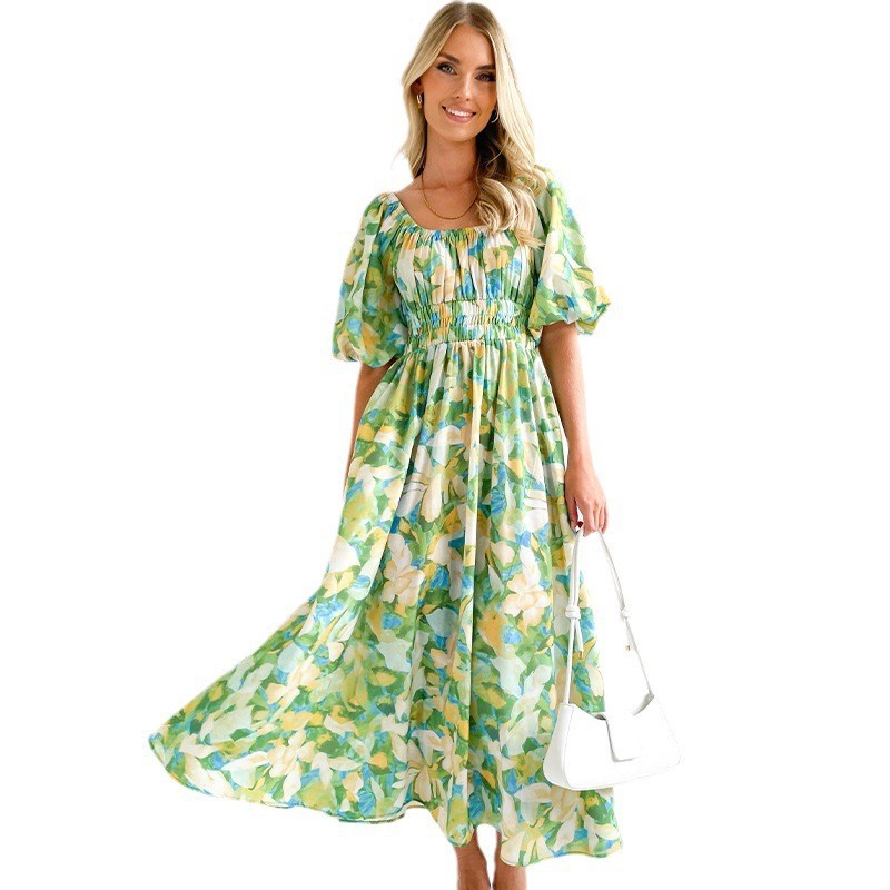Women's Square Neck Floral Print Puff Sleeve High Waist Long Dress