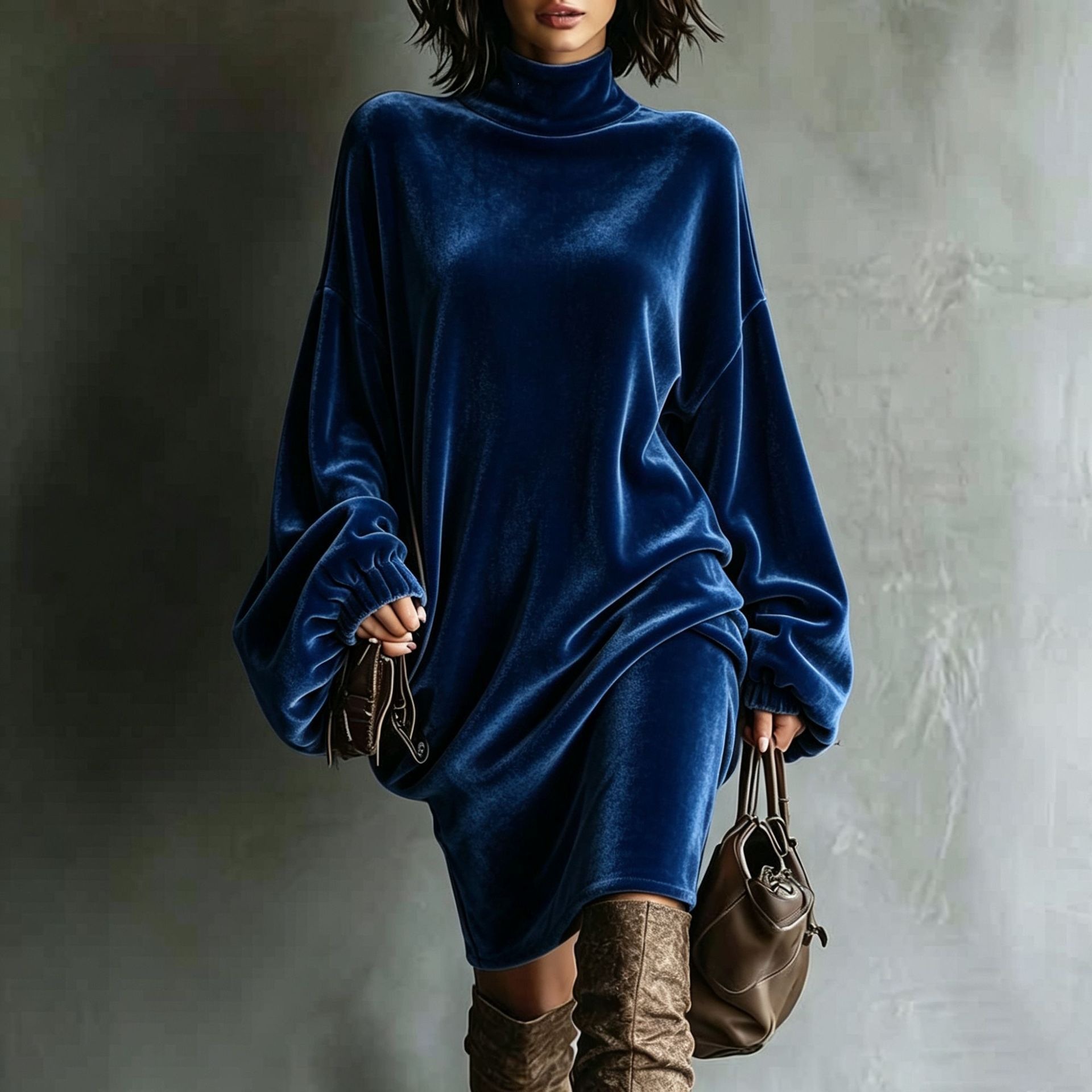 Velvet High Neck Long Sleeve A-Line Dress Women's Loose Solid Color Commuter