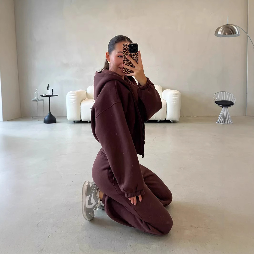 Women's Solid Color Zip-Up Hoodie and Jogger Pants 2-Piece Set