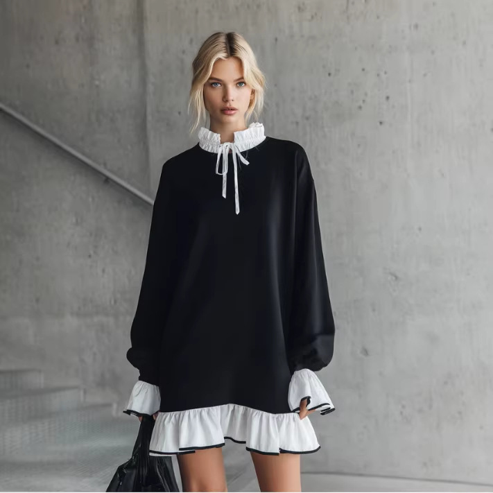 Women's Black Colorblock Ruffle Neck and Hem Mini Dress