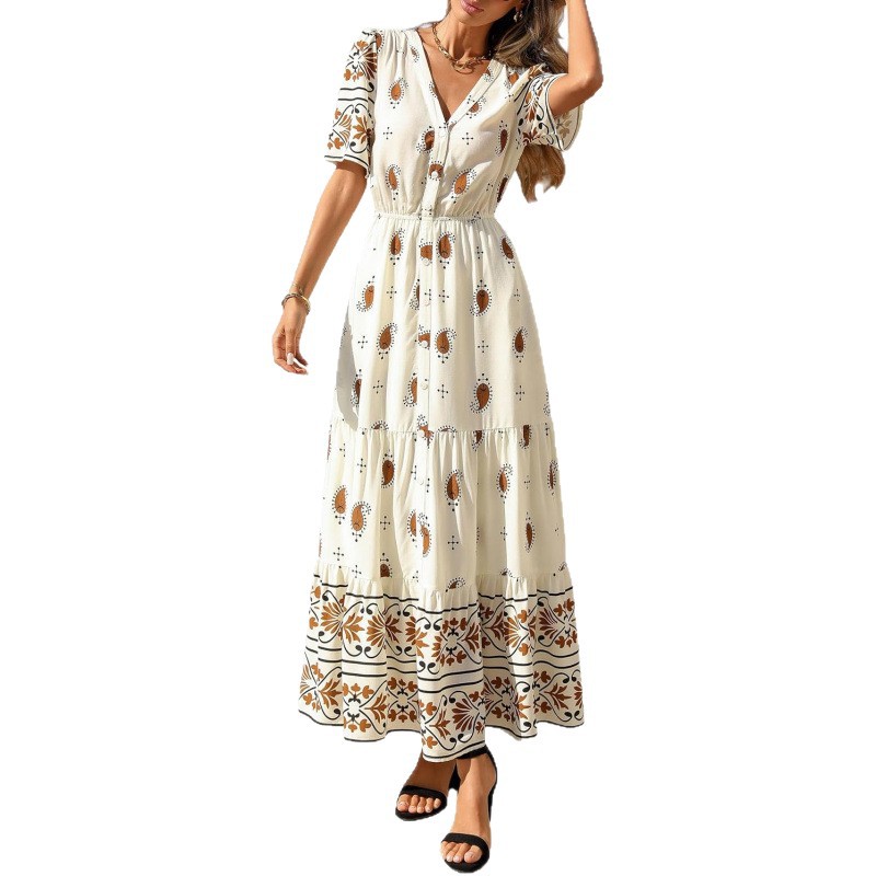 Bohemian V-Neck Short Sleeve Midi Dress Floral Print