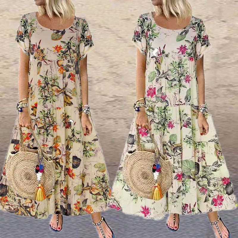 Women's Summer Short Sleeve Round Neck A-Line Midi Dress Cotton Linen Floral Print