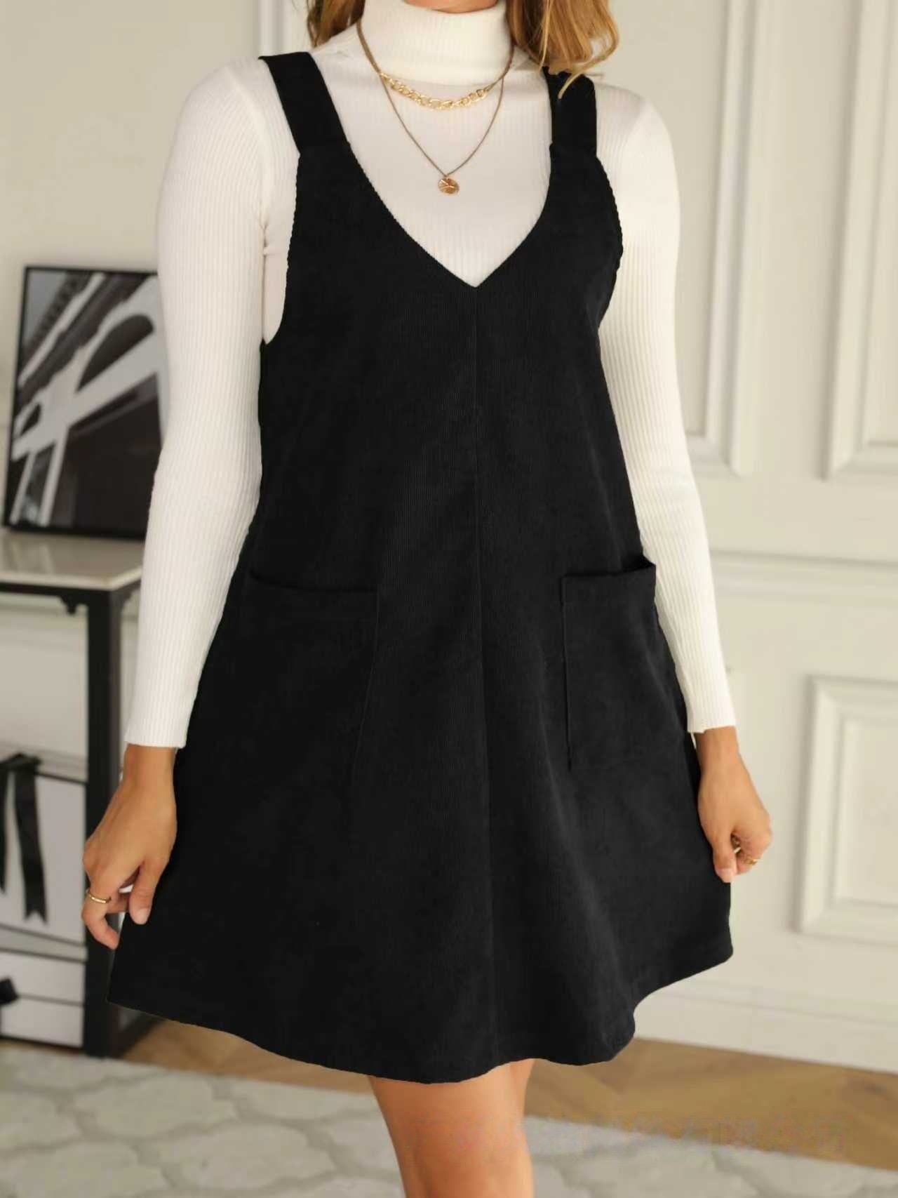 Corduroy V-Neck Pinafore Dress with Pockets