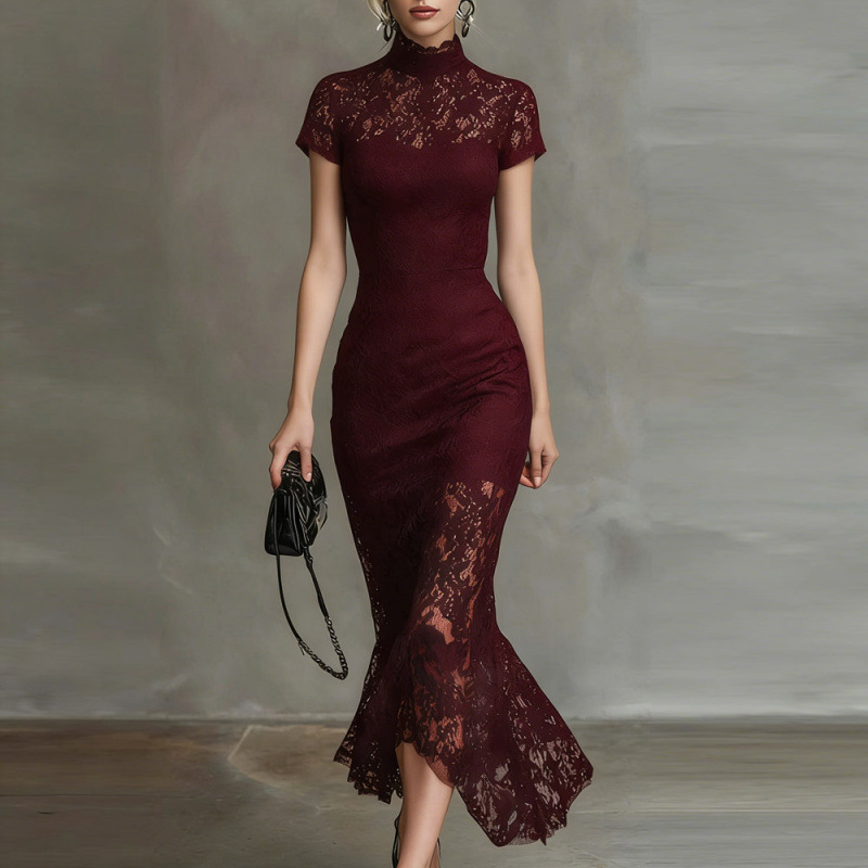 High-Waist Lace-Trim Bodycon Long Dress Short Sleeve