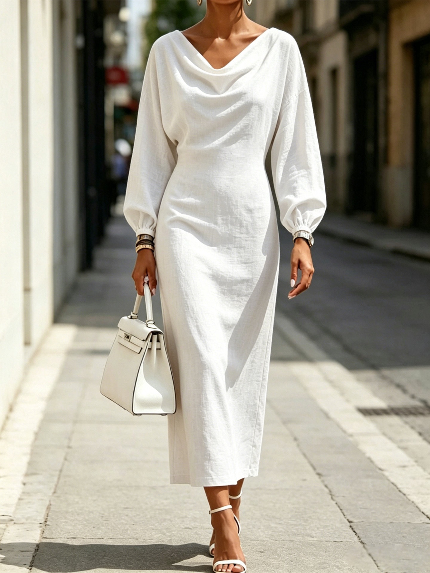 Women's Draped Neck Lantern Sleeve Long Sleeve Midi Dress Elegant A-Line