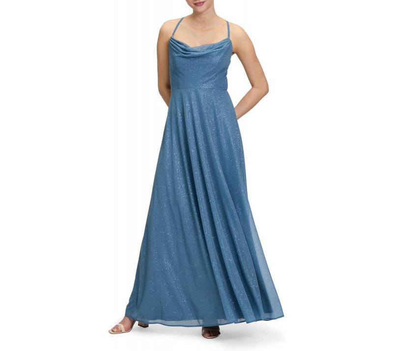 Women's Cowl Neck Sheath Dress Sleeveless Midi A-Line Shimmer Accent