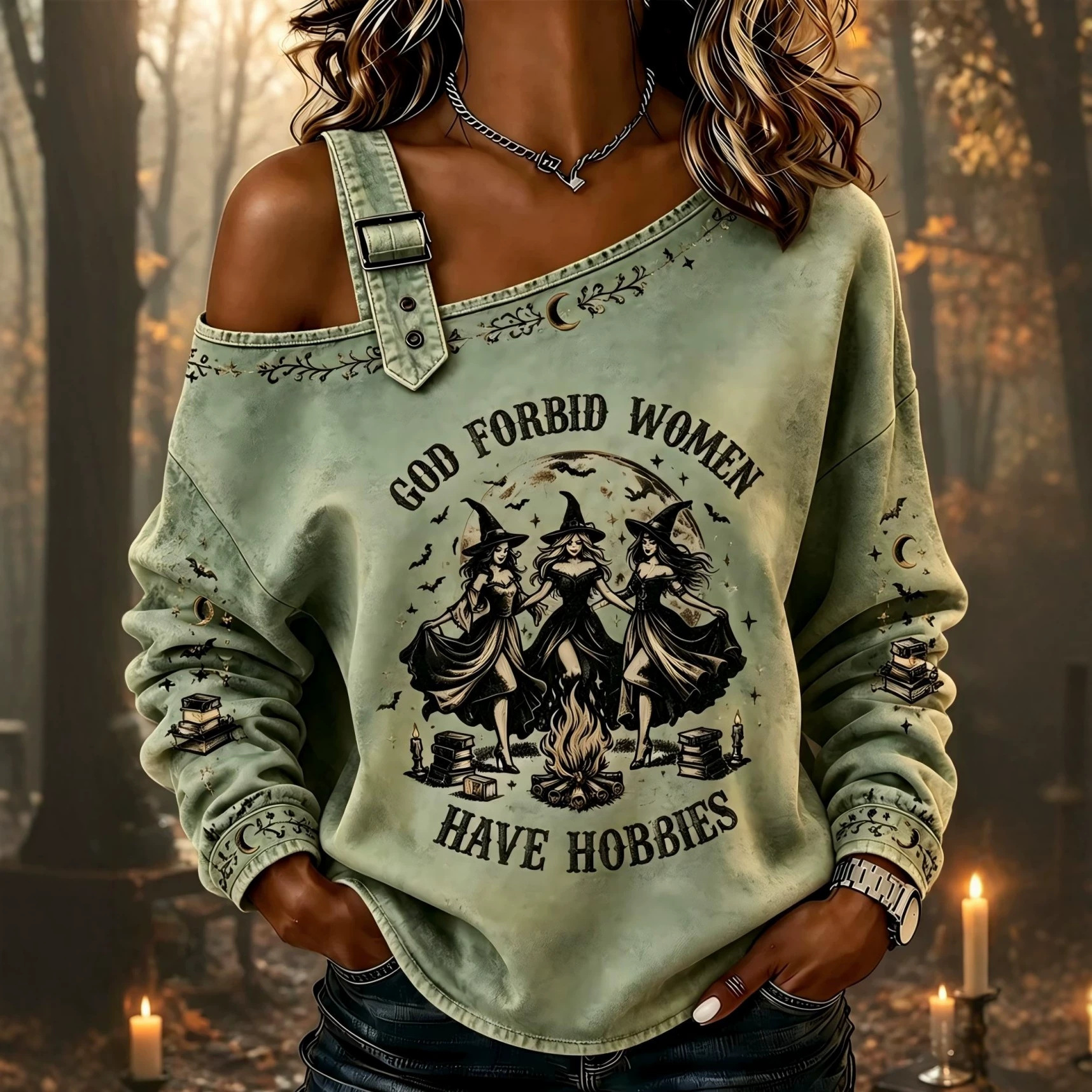Witch Ritual Print Crewneck Long-Sleeve Lace-Up Sweatshirt