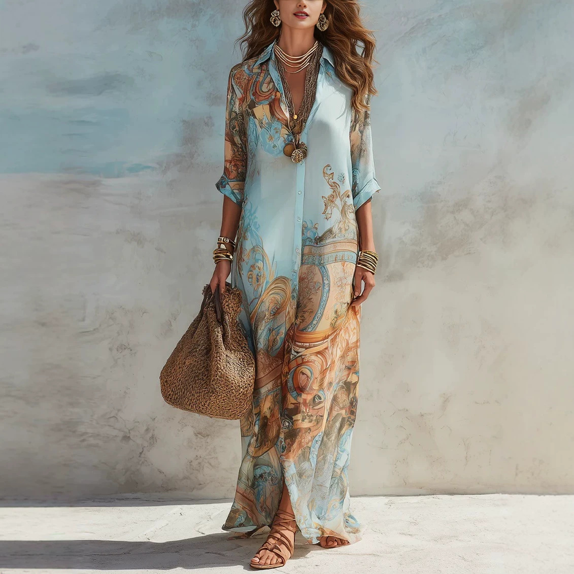 Fresh Retro Digital Print Flowy Midi Dress