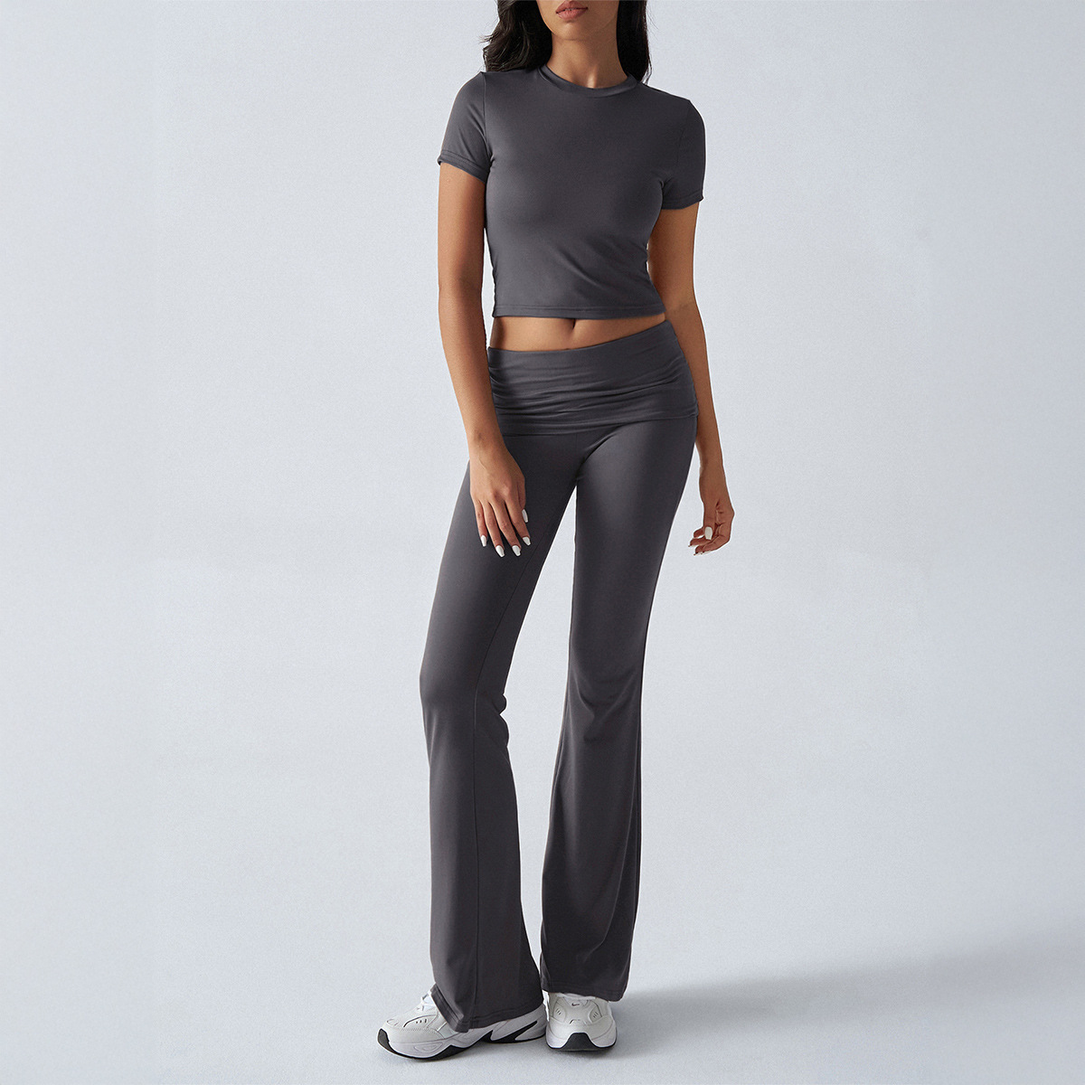 Women's Solid Color Slim Fit Short Sleeve Top and Pants Set