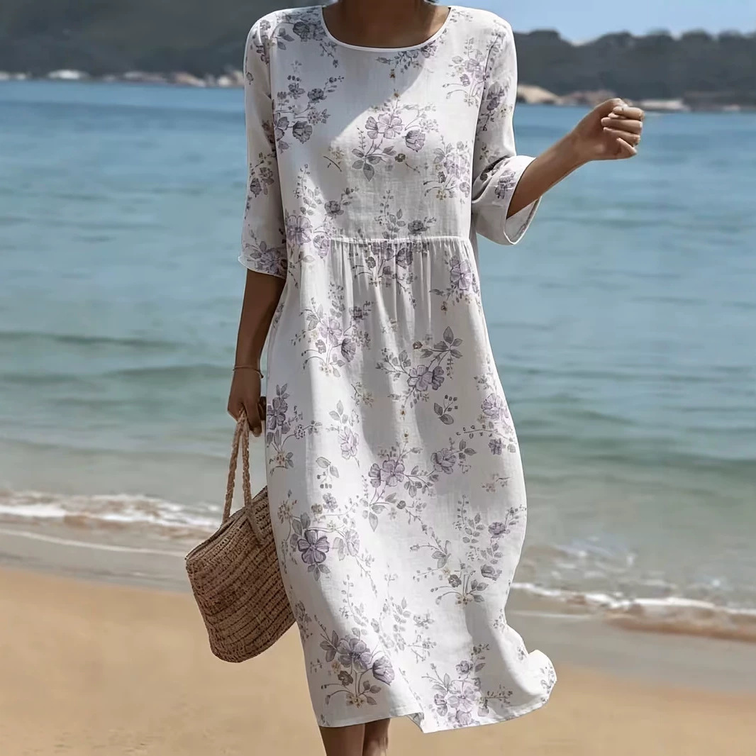 Women's Floral Print Ruched Midi Dress Crew Neck Half Sleeve