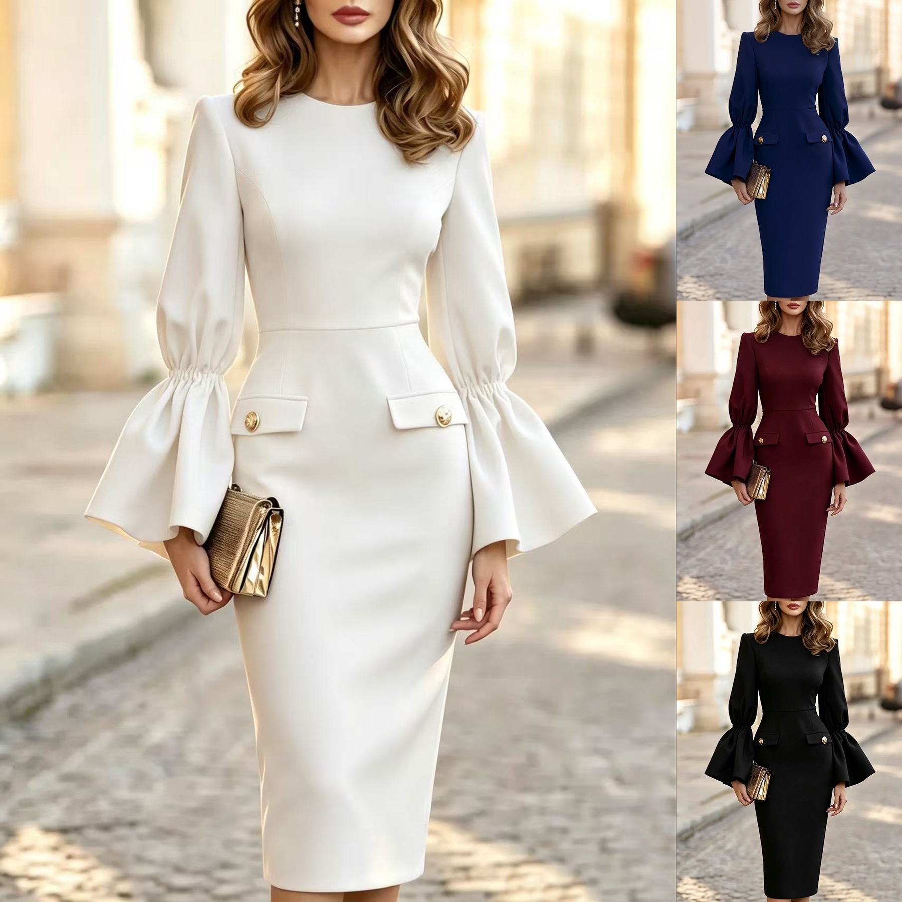 Women's Button-Detail Solid Crewneck Long-Sleeve Slim-Fit Dress