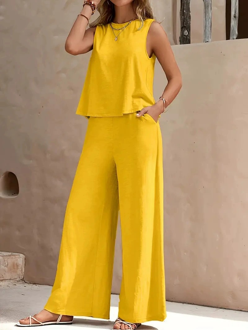 Two-Piece Sleeveless Crewneck Tank Top and Wide-Leg Pants Set Solid Color