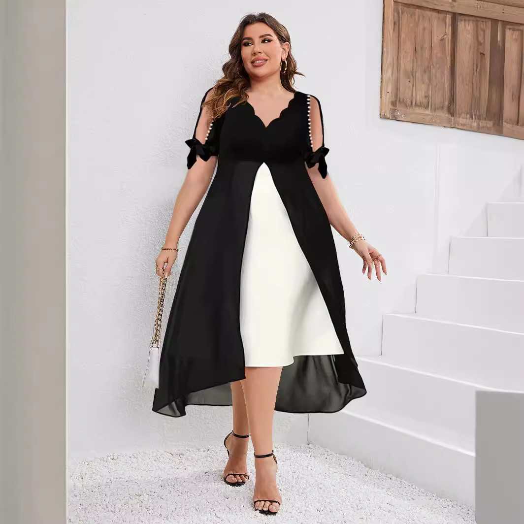 Plus Size V-Neck Faux Two-Piece Asymmetric Midi Dress