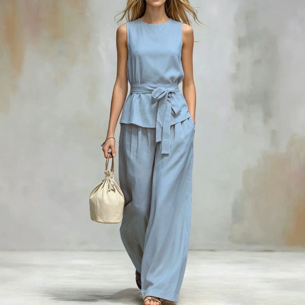 Women's Sleeveless Cotton-Linen Two-Piece Set with Belt