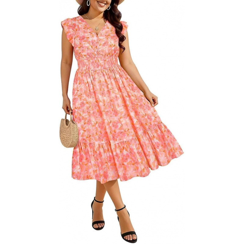 Women's Plus Size V-Neck Boho Floral Midi Dress