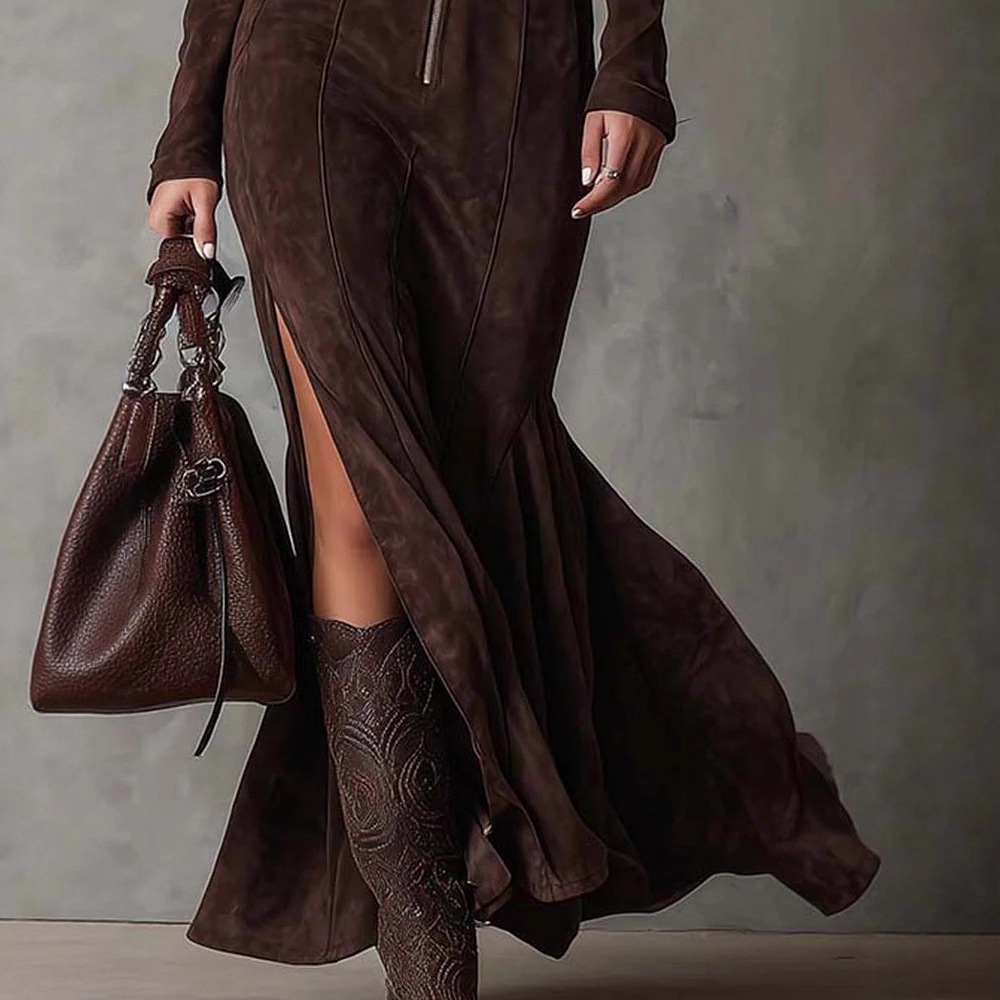 Elegant Zip-Front Mermaid Dress with Faux Suede Finish