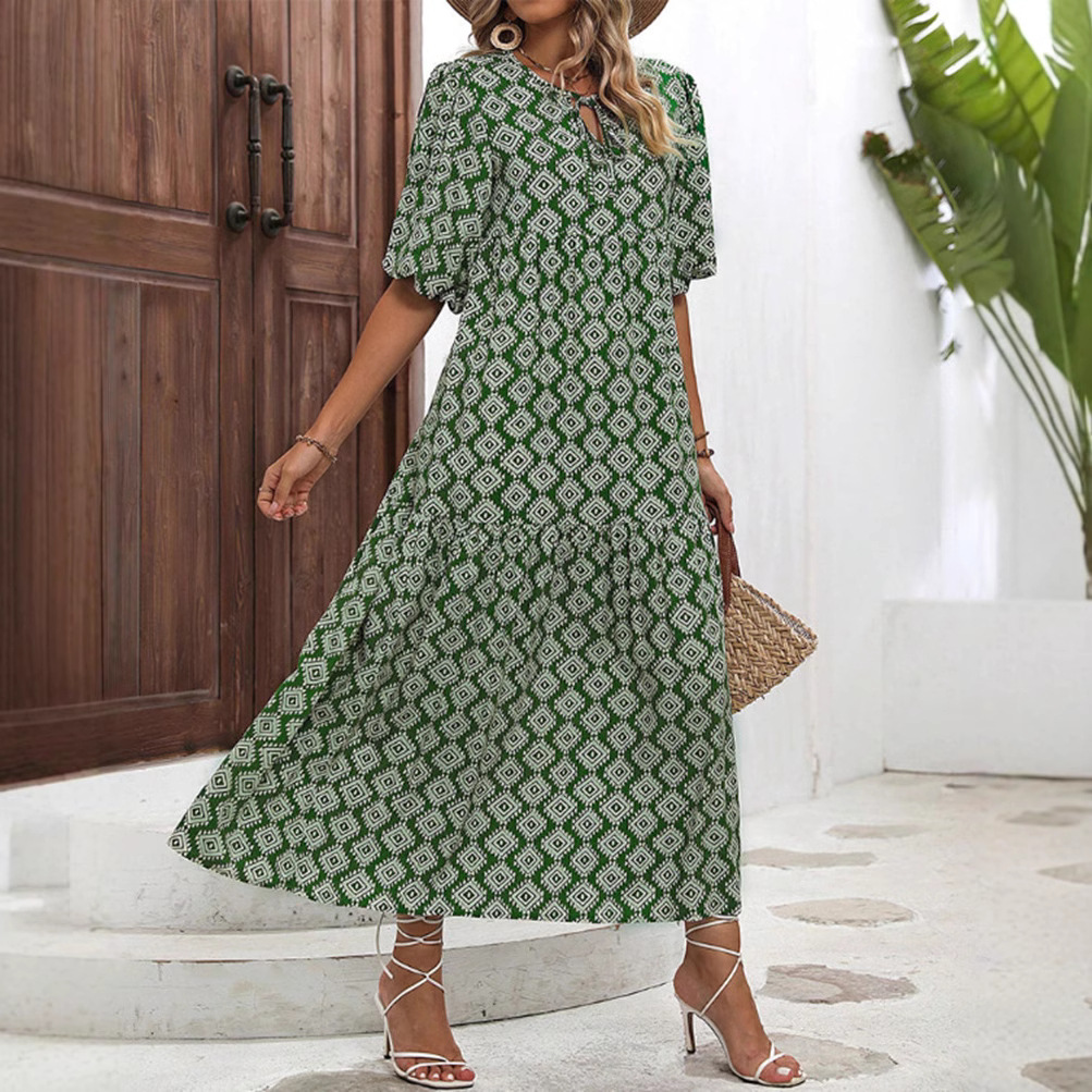 Floral Print Loose-Fit Maxi Dress with Short Sleeves and High Waist