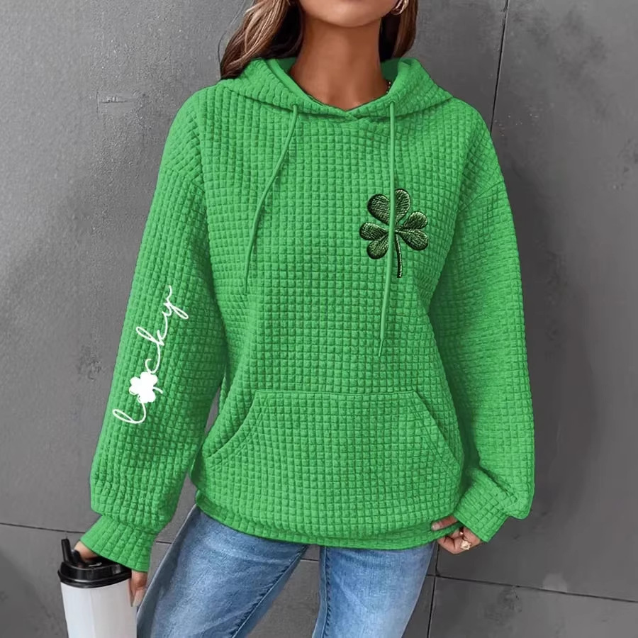 Four-Leaf Clover Waffle Print Women's Casual Hoodie