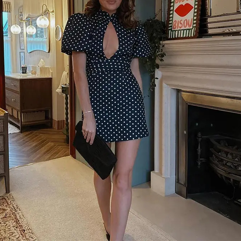 Polka Dot Cutout Puff Sleeve Dress