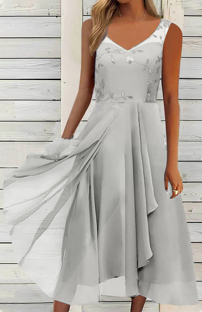 Sleeveless Chiffon Dress with Mesh Lace Panels and High-Low Hem