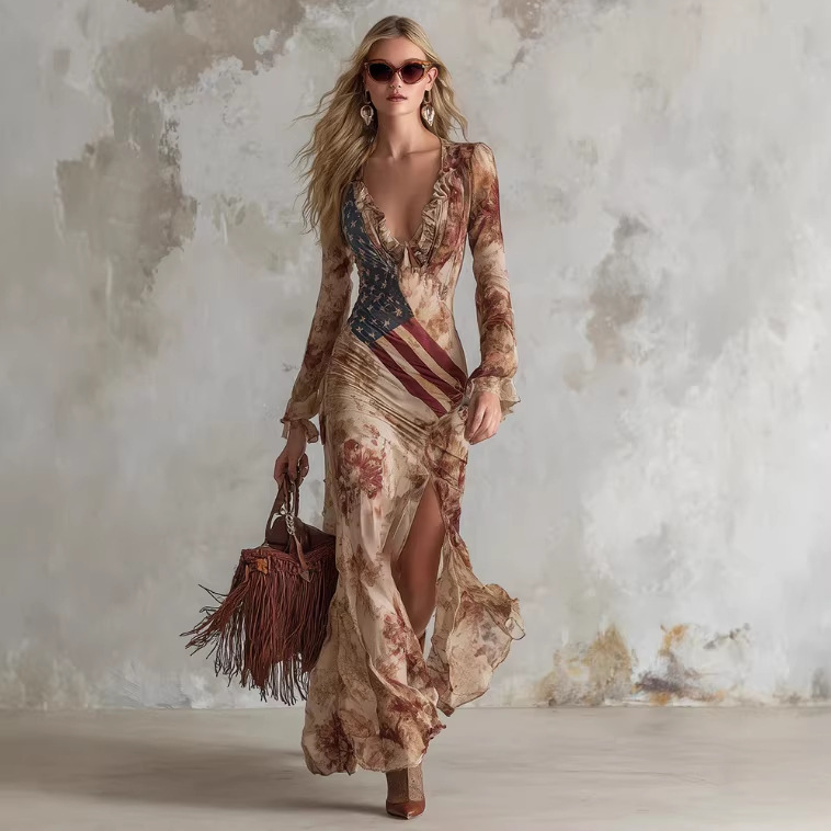 Boho Floral Print V-Neck Long Sleeve Bodycon Maxi Dress