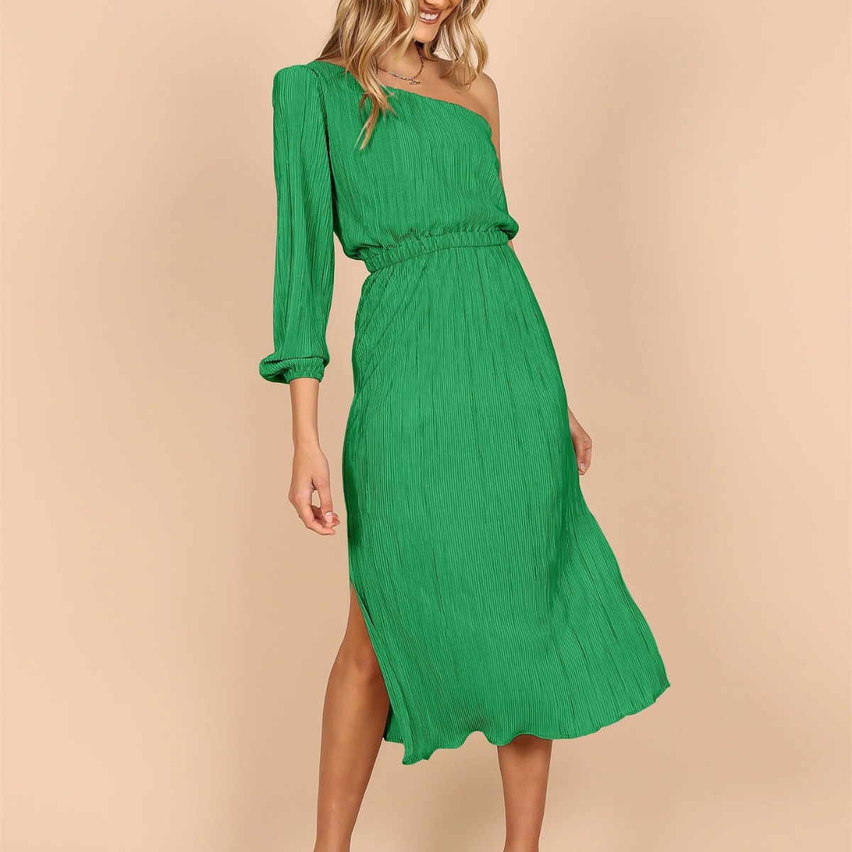 Sexy One-Shoulder Midi Dress with Slit and High Waist