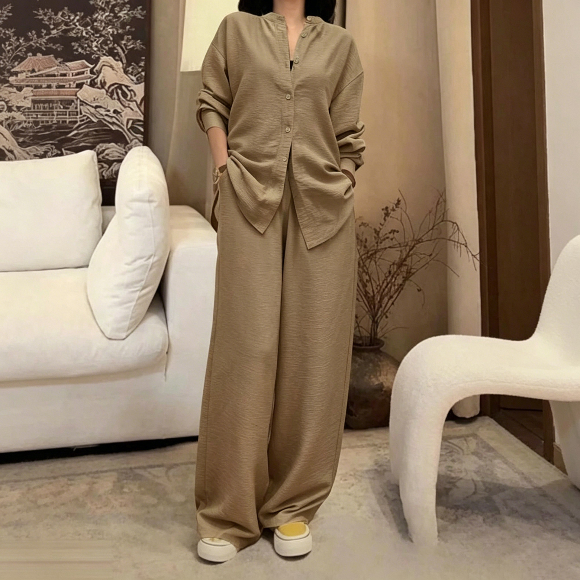 Women's Textured Two-Piece Set with Loose Shirt and High-Waist Wide-Leg Pants