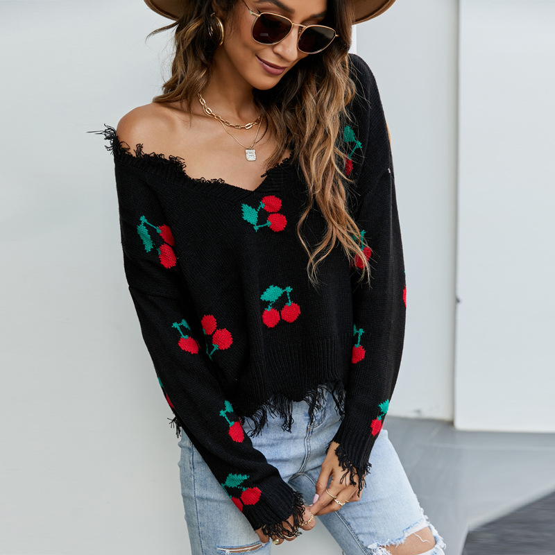 Women's Loose Cropped V-Neck Fringe Knit Sweater
