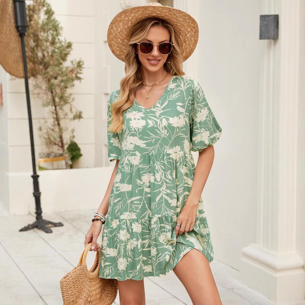 Printed V-Neck Loose Short Sleeve Dress