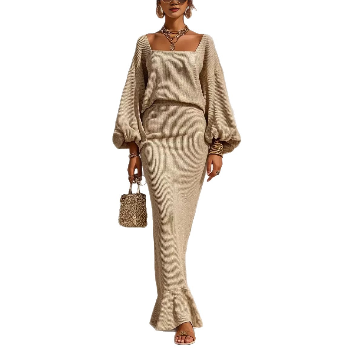 Square Neck Lantern Sleeve Ribbed Knit Two-Piece Set with Mermaid Midi Skirt