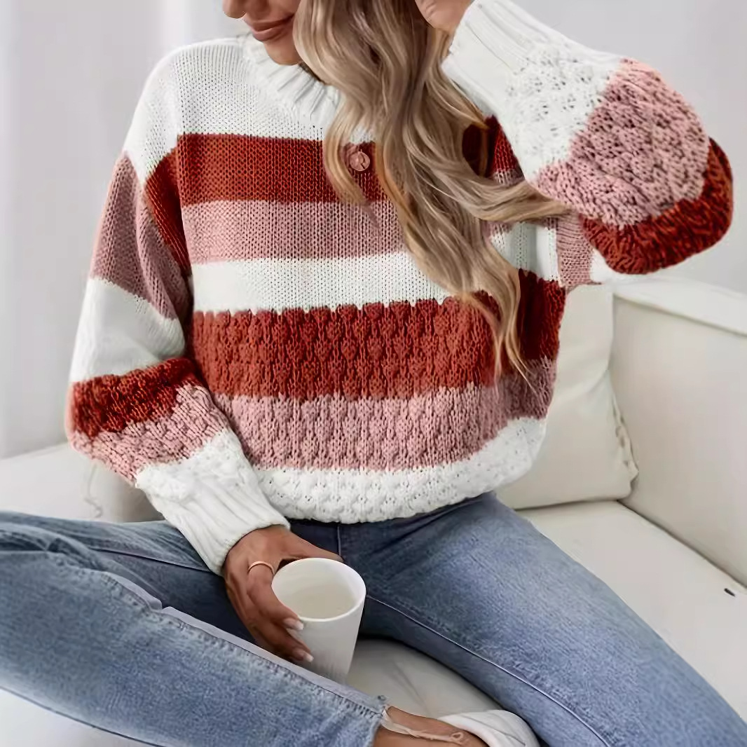 Striped Textured Pullover Sweater for Women Crew Neck Long Sleeve Casual