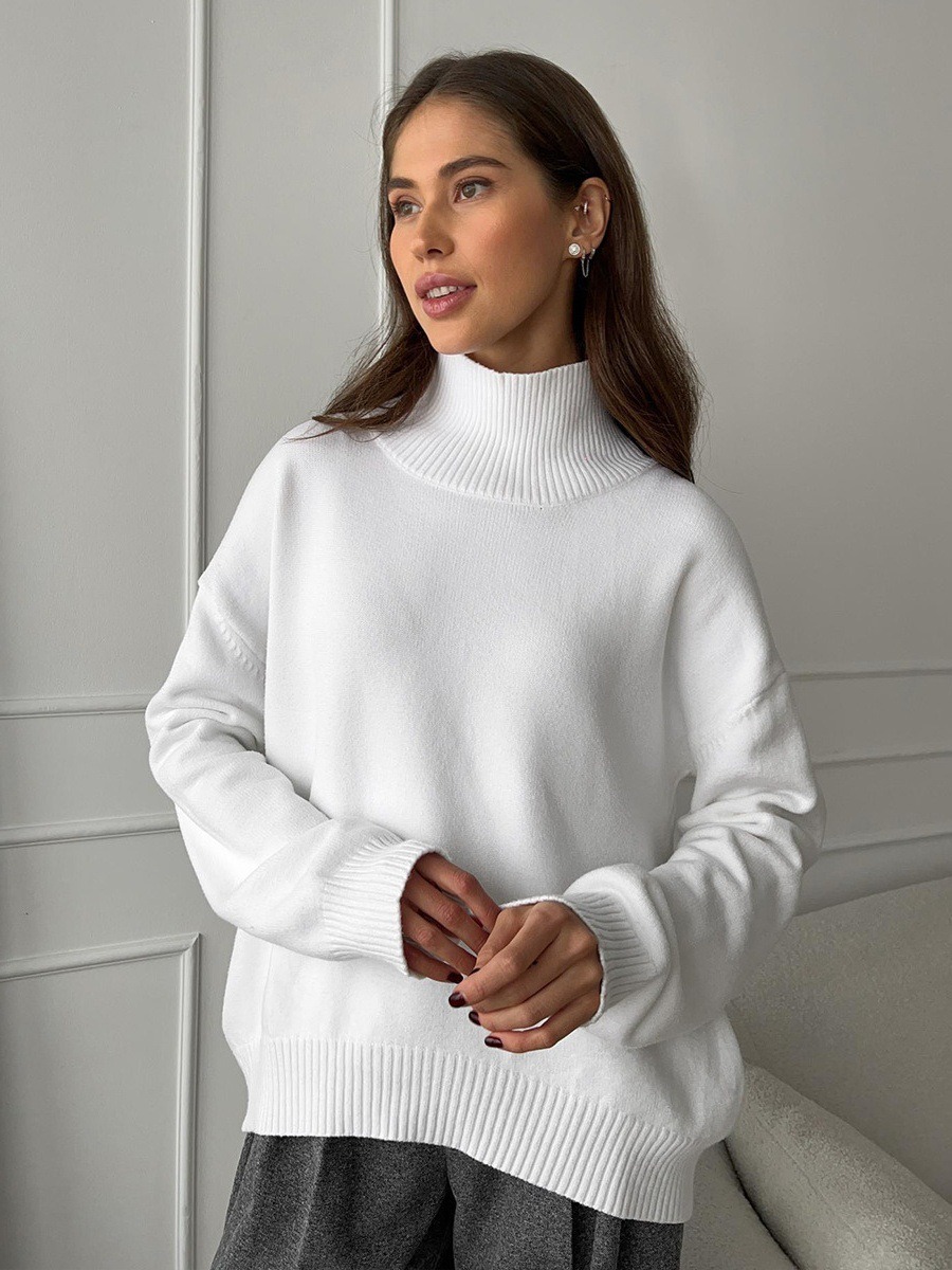 Women's Loose High Neck Solid Color Pullover Knit Sweater