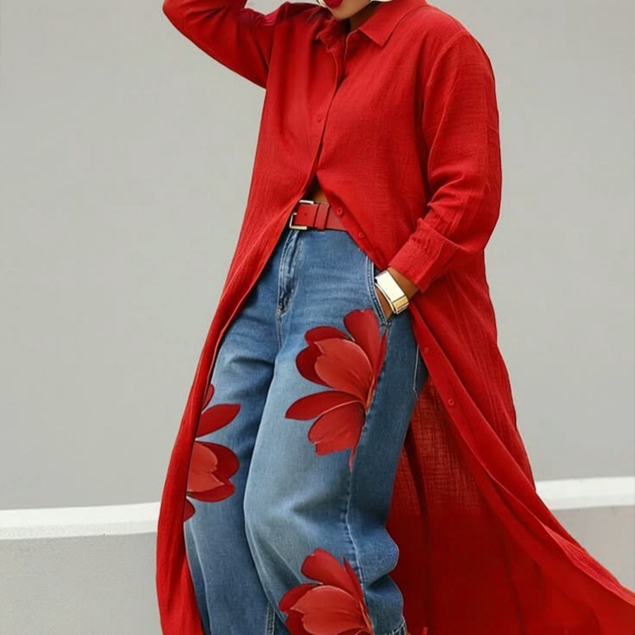 Solid Color Loose Long Shirt Dress with Polo Collar