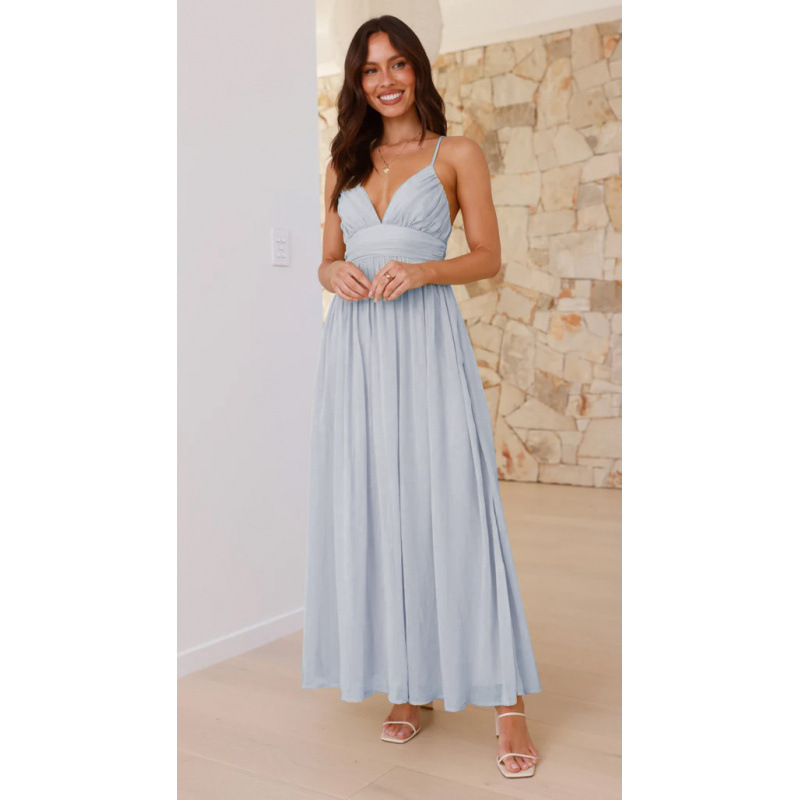Women's Sleeveless V-Neck Open-Back Tie-Waist Chiffon Maxi Dress