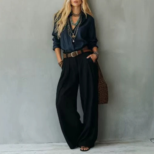 Women's Cotton-Linen Long-Sleeve Casual Pants Set with Shirt, Color-Block, No Belt