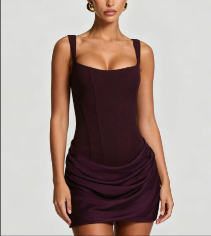 Square Neck Sleeveless High Waist Lace-Up Ruched Bodycon Mini Dress