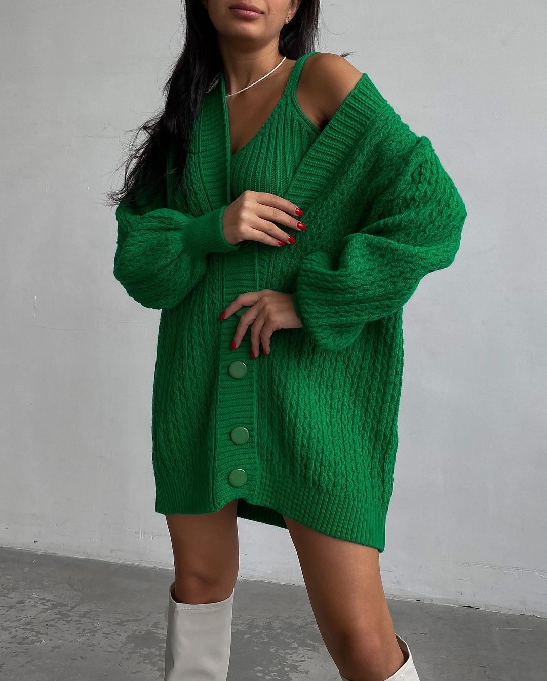 Women's V-Neck Midi Knit Cardigan Sweater Vest Set Puff Sleeve Solid