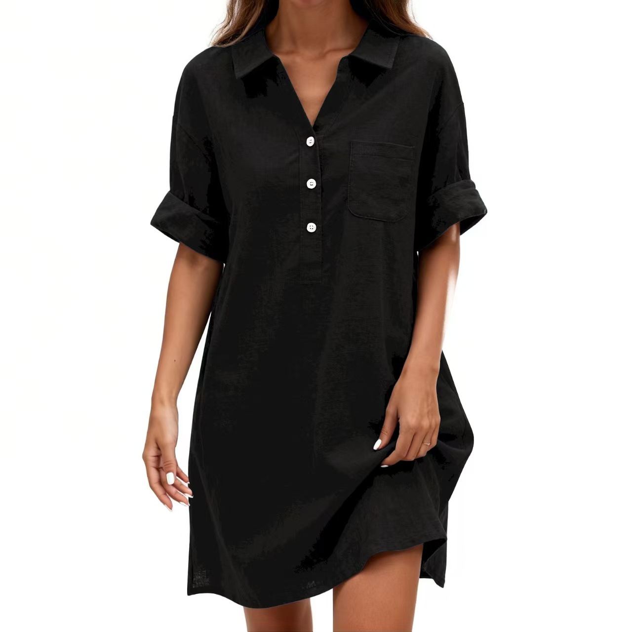 Women's Cotton Short Sleeve Midi Dress with Small Lapel Collar