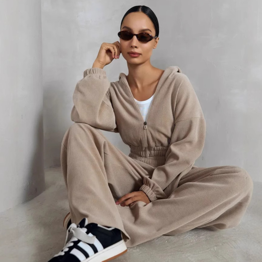 Women's Solid Color Long Sleeve Hooded Cardigan Sweatshirt and Wide-Leg Pants Set