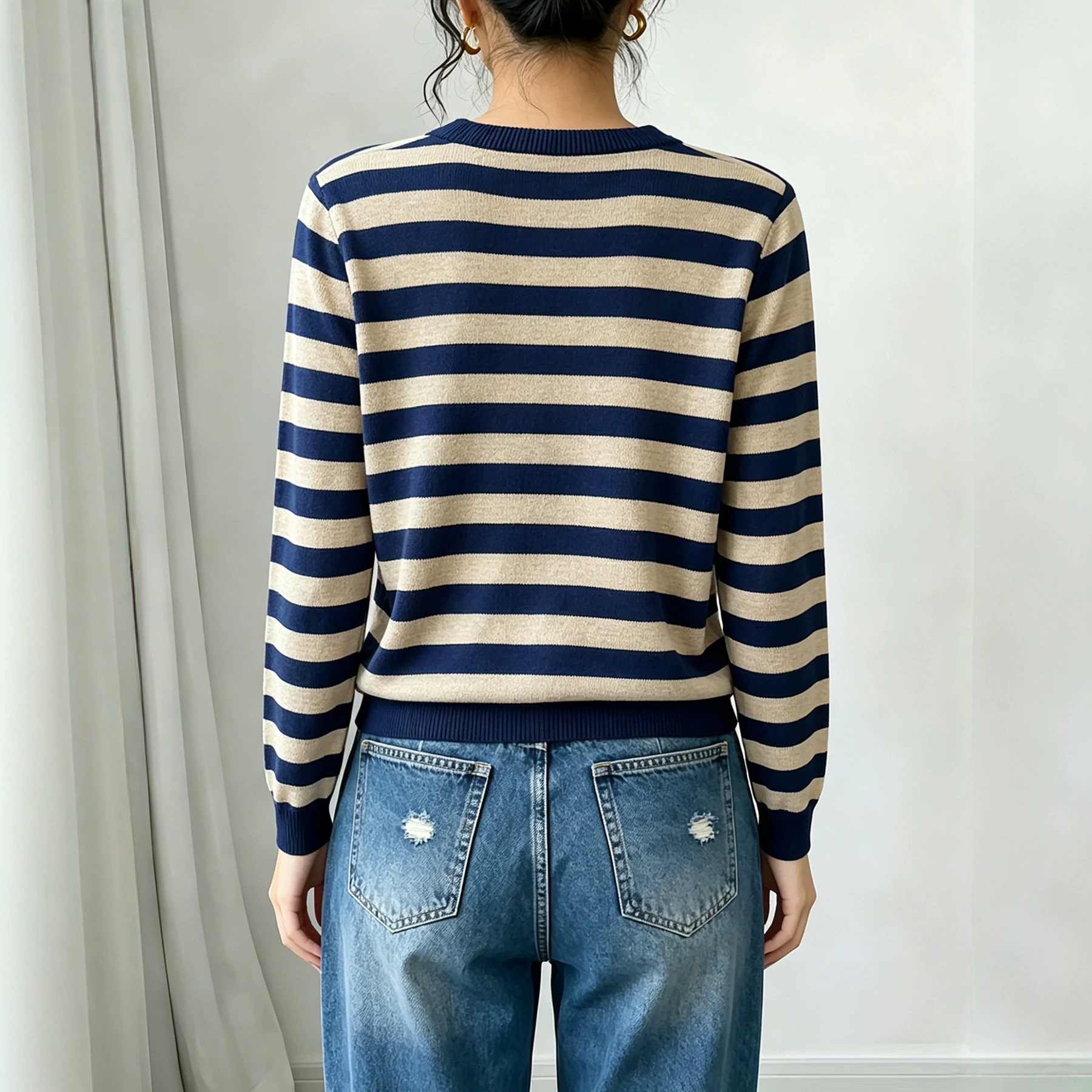 Women's Striped Knit Sweater Crew Neck Long Sleeve Pullover