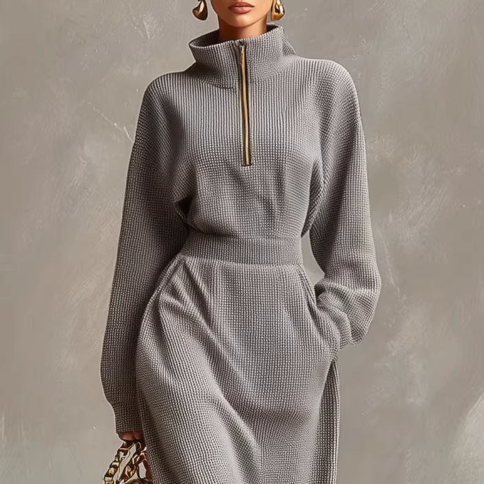 Light Gray Waffle Knit Long Sleeve Front Zip Collared Maxi Dress