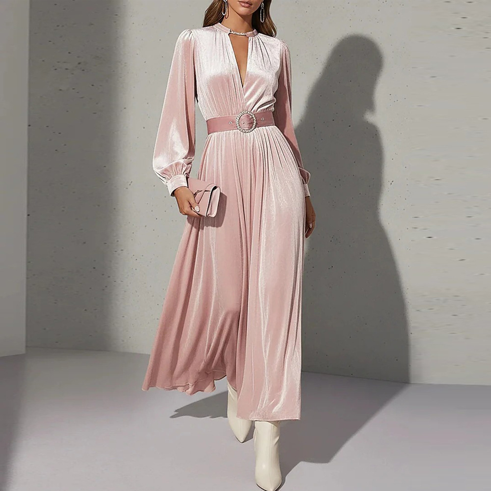 Solid V-Neck Gold Velvet Long Sleeve Dress with Waist Belt