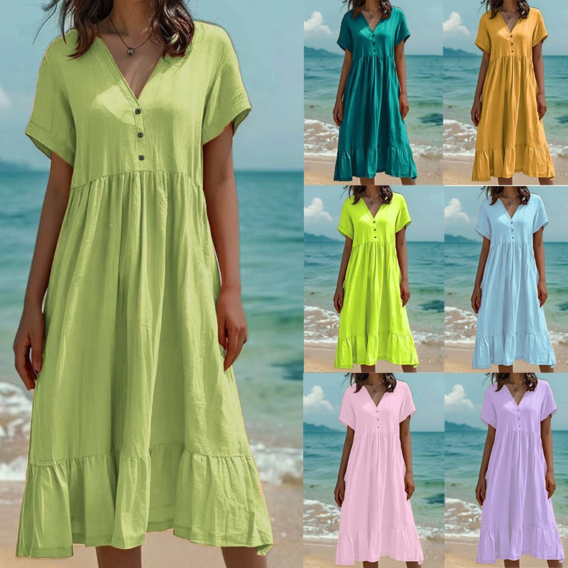V-Neck Three-Button Short Sleeve High Waist Ruffle Midi Dress