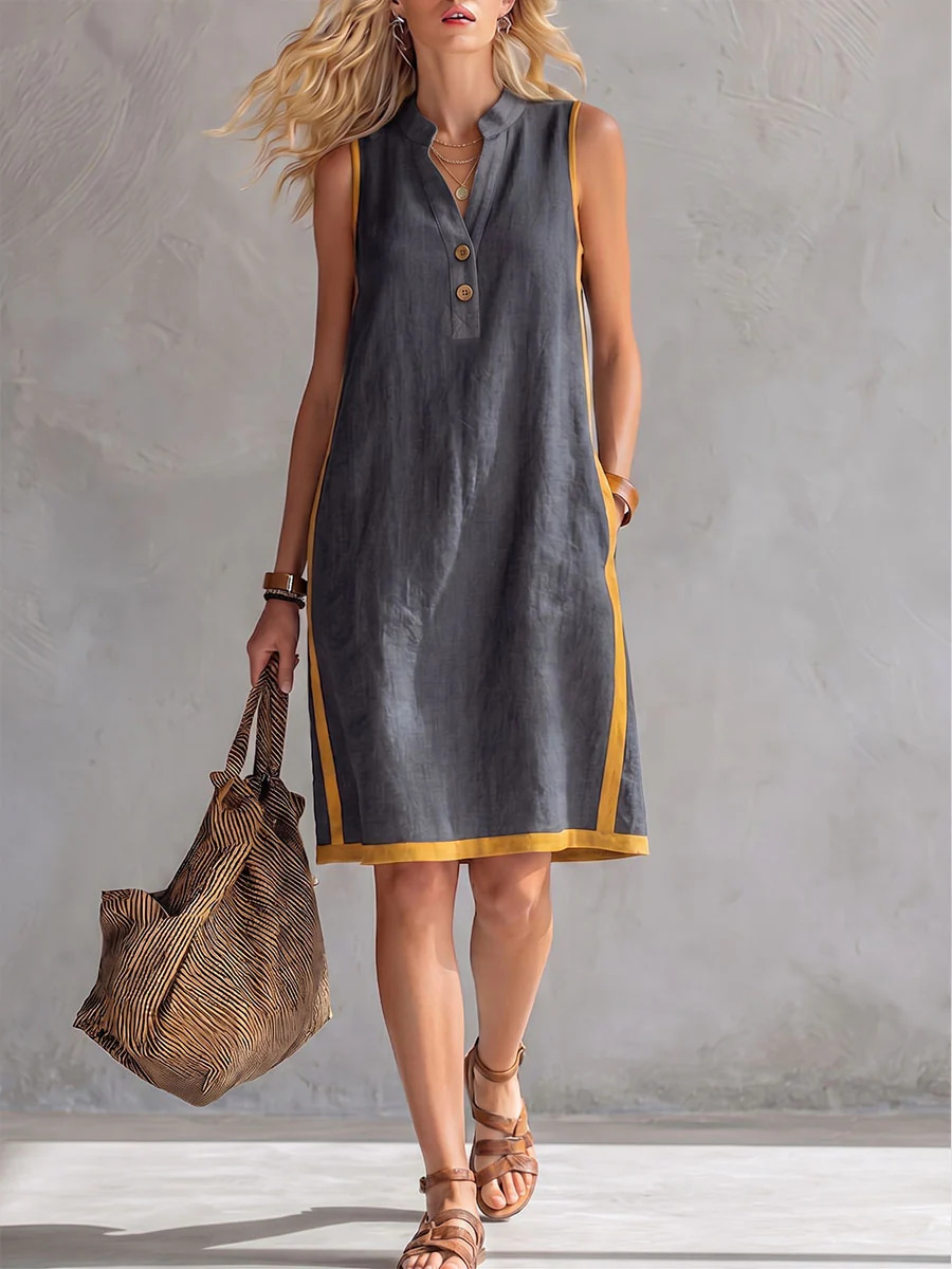 Women's V-Neck Sleeveless Loose Cotton Linen Midi Dress