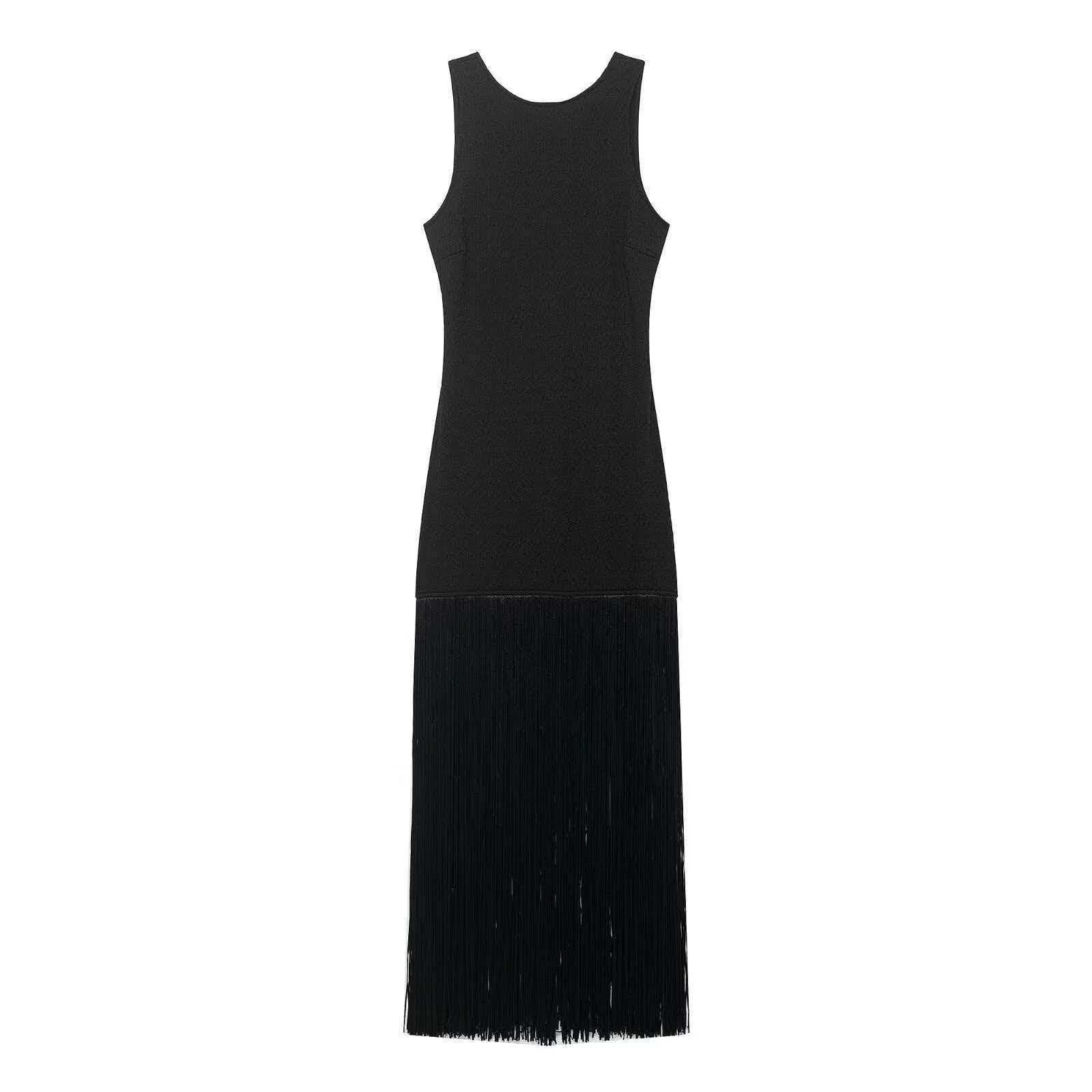 Women's Sleeveless Round Neck Fringe Bodycon Midi Dress