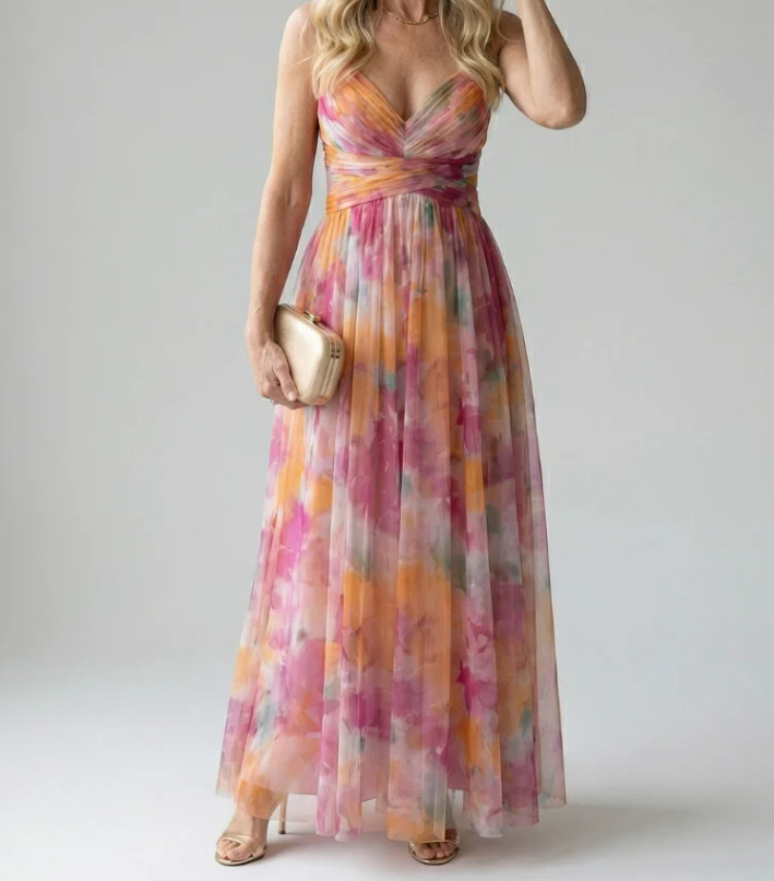 Digital Print Chiffon Long Dress with Cinched Waist