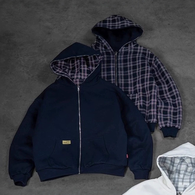 Reversible Plaid Zip-Up Hooded Jacket Unisex