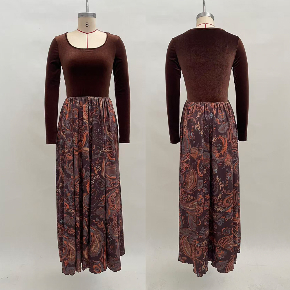 Women's Solid Color Slim Fit Floral Print Long Sleeve Maxi Dress