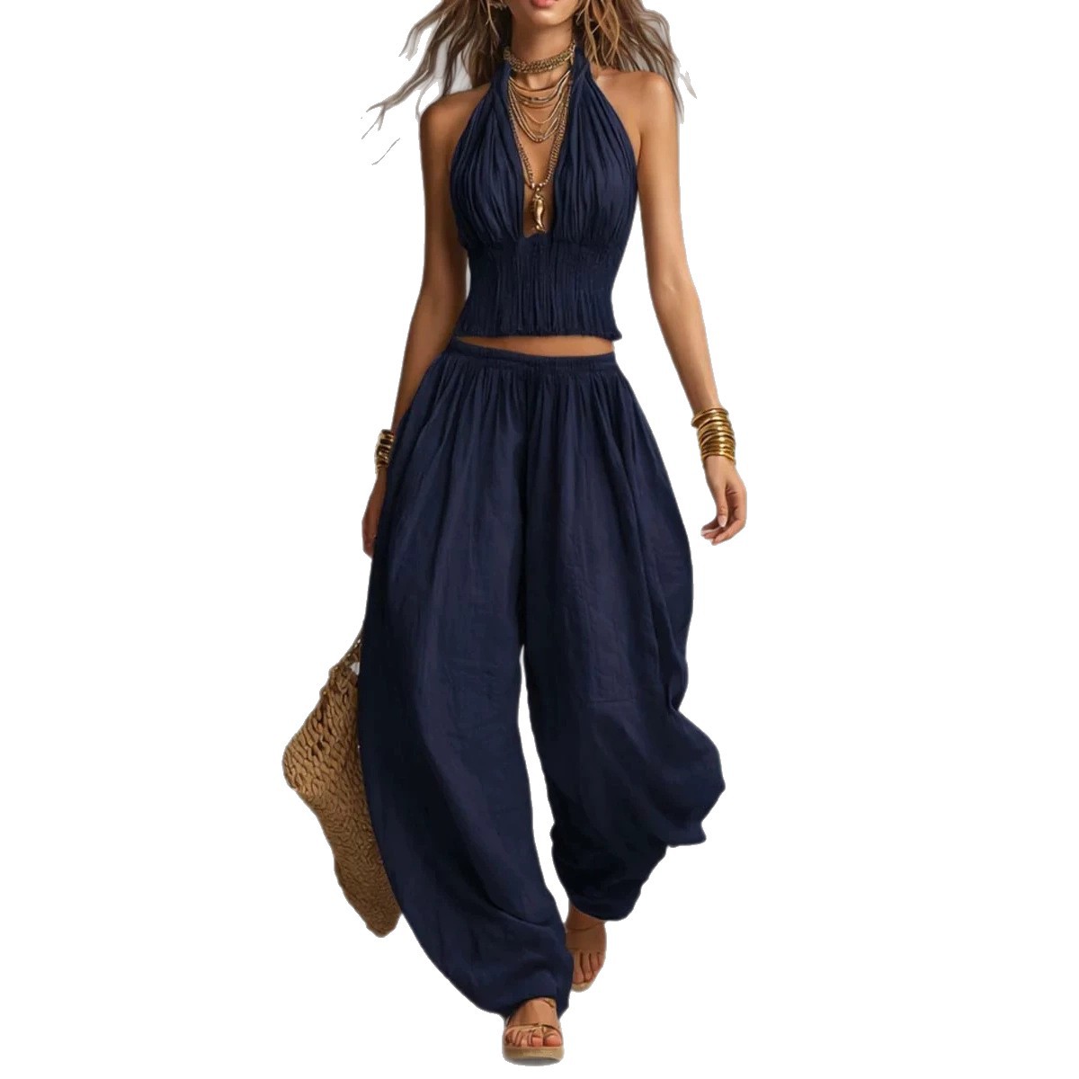 Sleeveless Halter Open-Back Top and Wide-Leg Pants Two-Piece Set