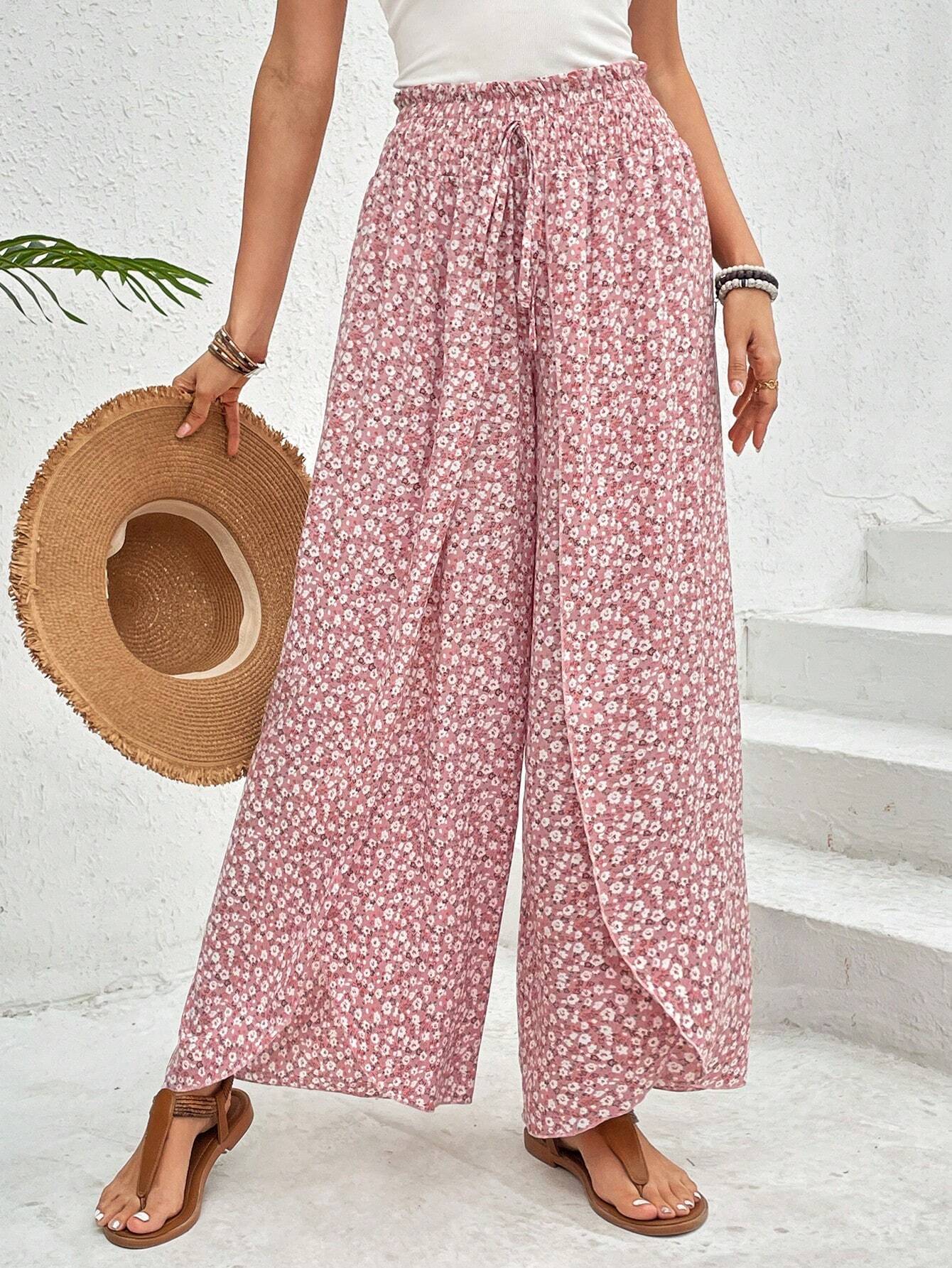 Floral Wide-Leg Skirt Pants with Side Slit